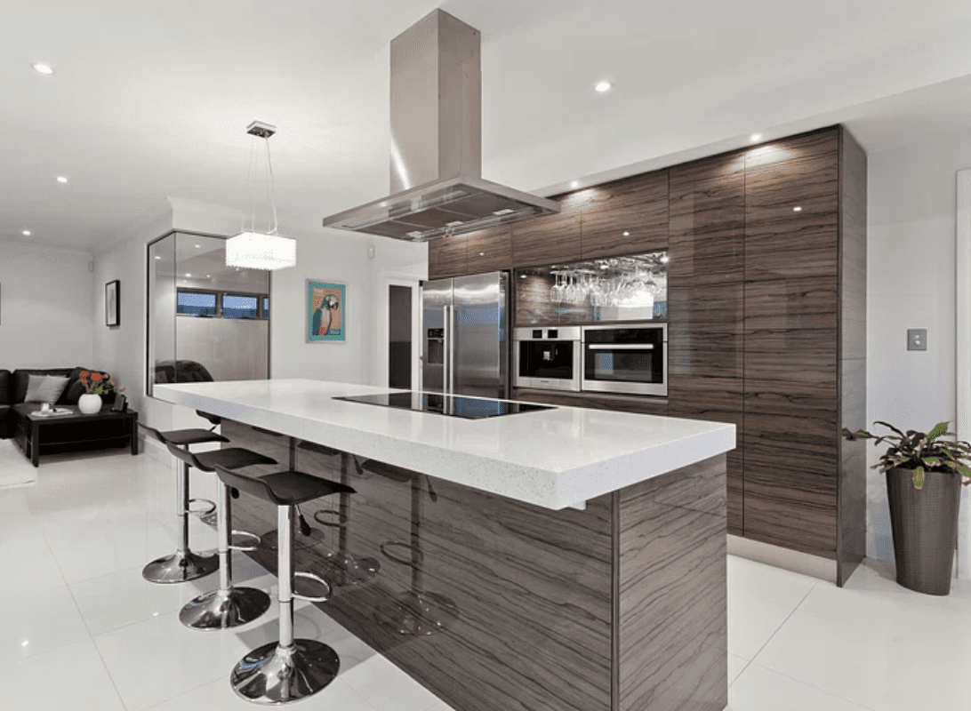 Modern kitchen with luxurious brown cabinets.