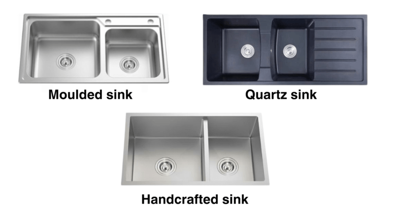 Photo showing the differences between molded, quartz and handcrafted sinks.