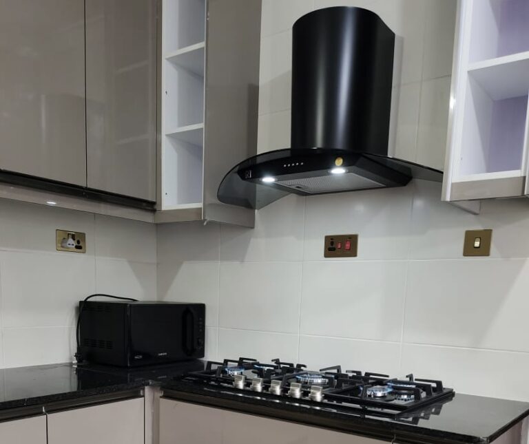 Photo of a black Newmatic chimney hood with lamps on.