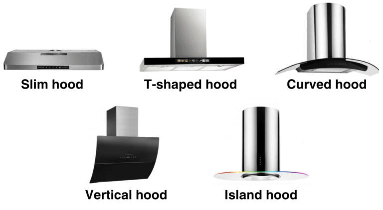 5 types of chimney hood styles Newmatic stocks: slim, t-shaped, curved, vertical and island hoods.