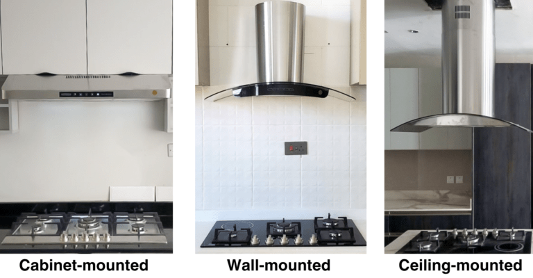 Photo showing three types of chimney hood mounting: cabinet, wall and ceiling mounted chimney hoods.