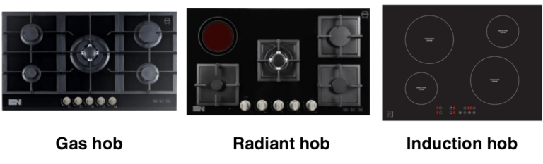 Photo showing three types of Newmatic hobs: gas, radiant and induction powered hobs.