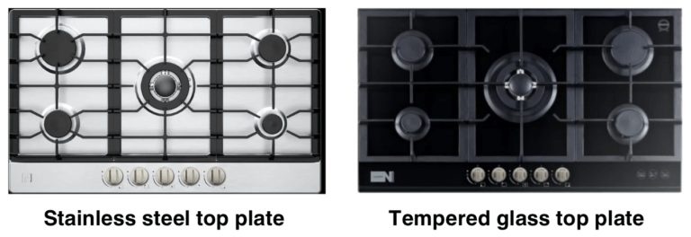 Photo showing the two types of top plate material Newmatic gas hobs has: stainless steel and tempered glass.