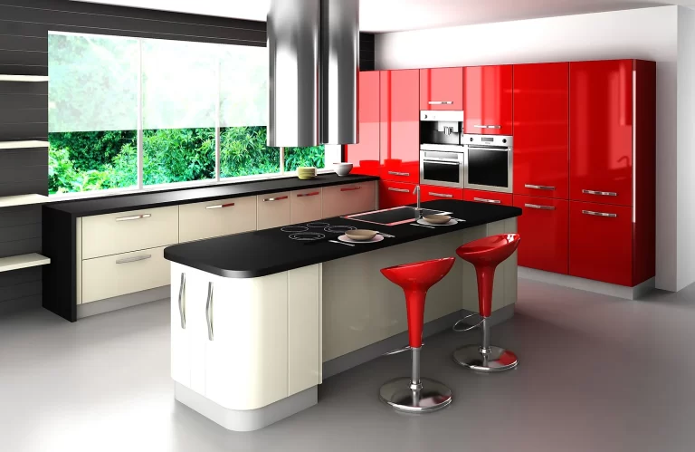 Red and White Kitchen Cabinet Design with Induction Cooker, Inbuilt Oven and microwave, and Island Hood