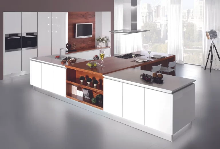 White with Brown Accent Kitchen Cabinet Design