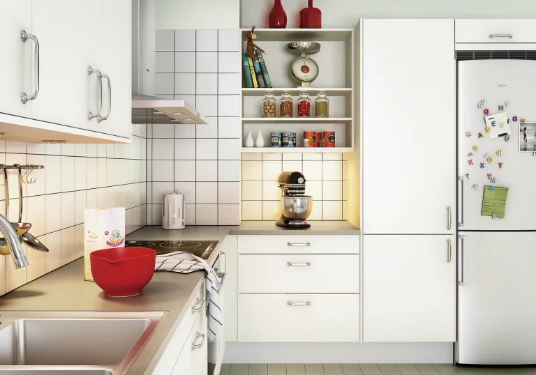 Stylish Kitchen Design with Built-in Induction Cooker, a Fridge and Wall Hood