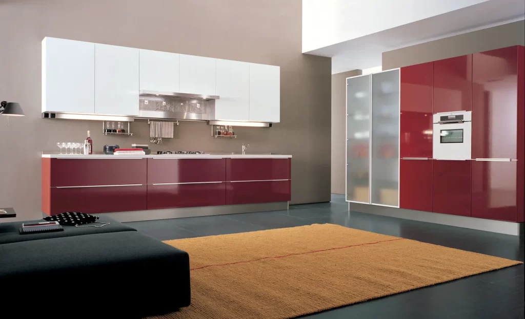 A Colorful Open Kitchen Design with Builtin Applainces