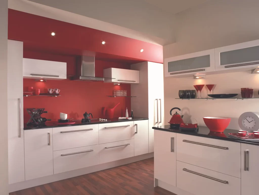 A Kitchen Design for Small Spaces with Wall Hood and Inbuilt Cooker