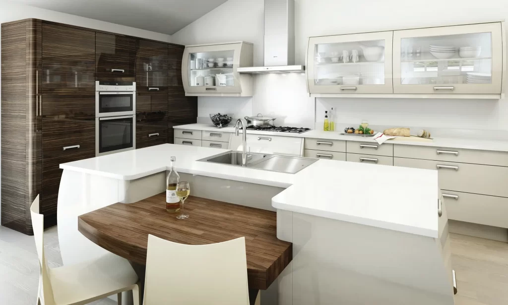 A Kitchen with Wall Hood,Built-in Cooker, Stainless Steel Sink and Tap, Oven, and Microwave