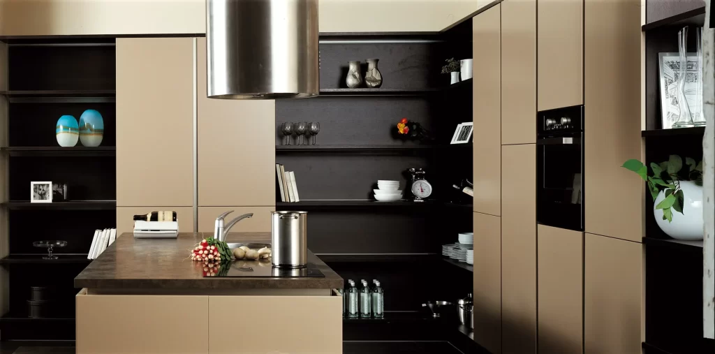 A Modern Blend of Black and Brown Island Kitchen Cabinet Design