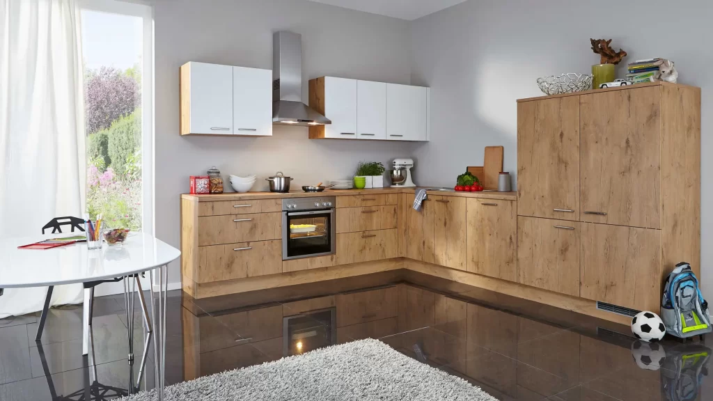 A Modern Open Kitchen Design with Built-in Oven and Wall Kitchen Hood