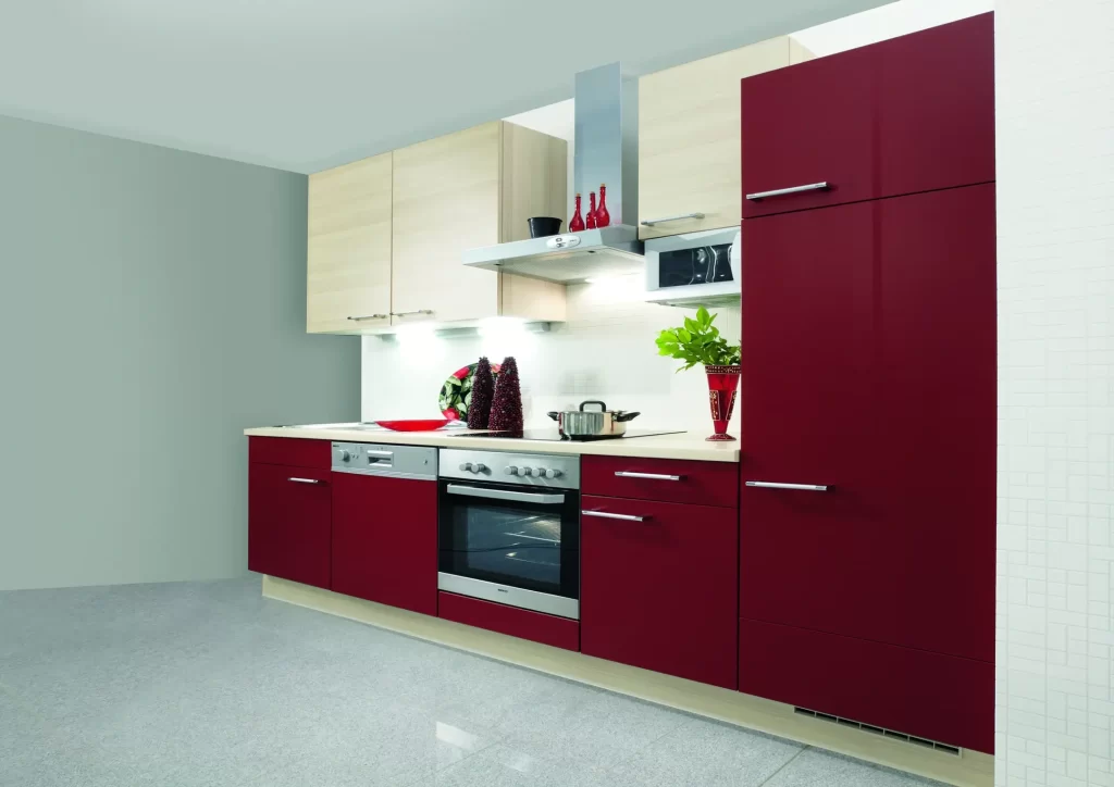 A Simple Kitchen Plan with Red and Brown Cabinets