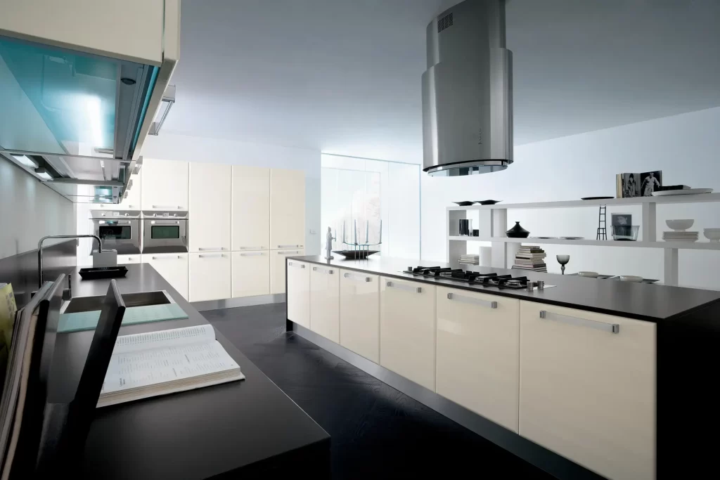 A Stylish Island Kitchen Design with Modern Hood, Inbuilt Cooker, Ovens and Wall Hood