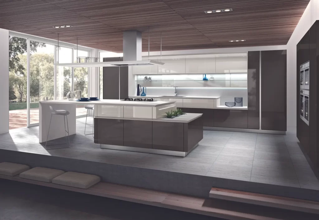 An Open Plan Kitchen Design with Island Kitchen Hood. Built-in Cooker, Sink and Tap