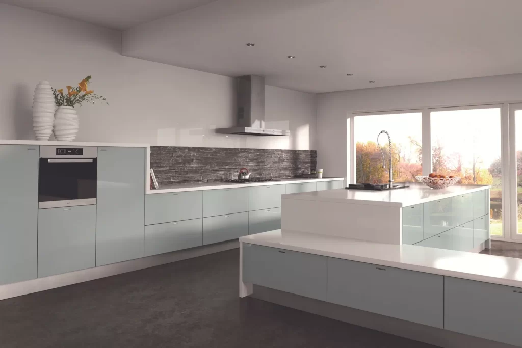 Island Kitchen Design with Wall Mounted Kitchen Hood, Built-in Oven and Cooker, Sink and Tap