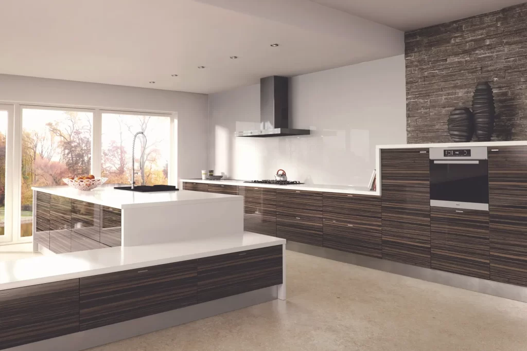 Kitchen Design with a Wall Hood, Built-in Oven, Kitchen Quartz Sink and Stainless Steel Tap