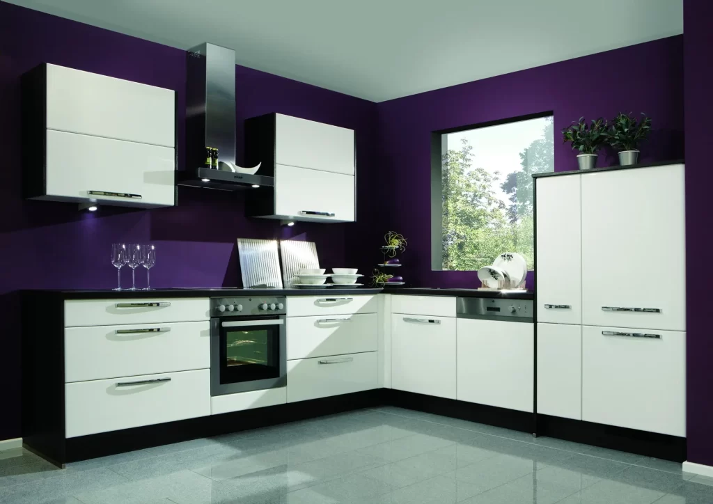 Purple and White Open Kitchen Plan