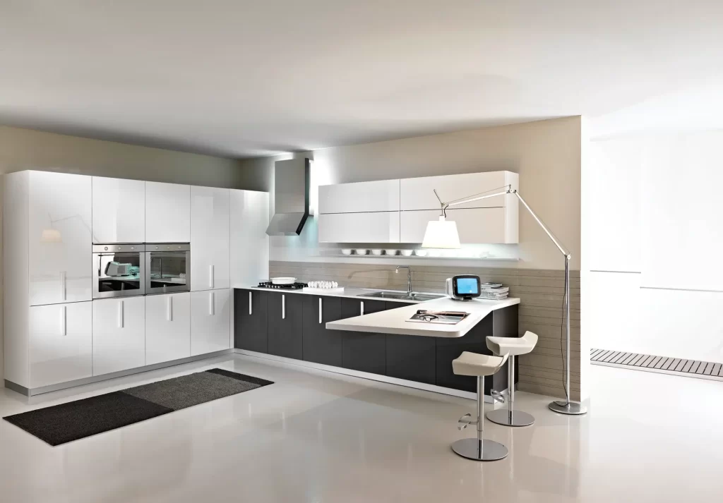 White and Black Open Plan Kitchen Design