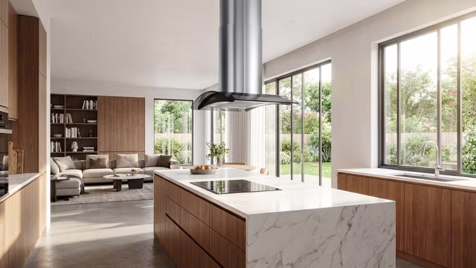 Newmatic island chimney hood in open plan in Kenya